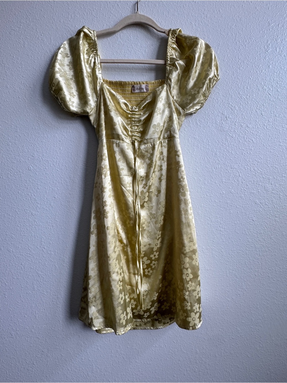 Altar'd State Floral Satin Puff Sleeve Mini Dress in Light Gold
